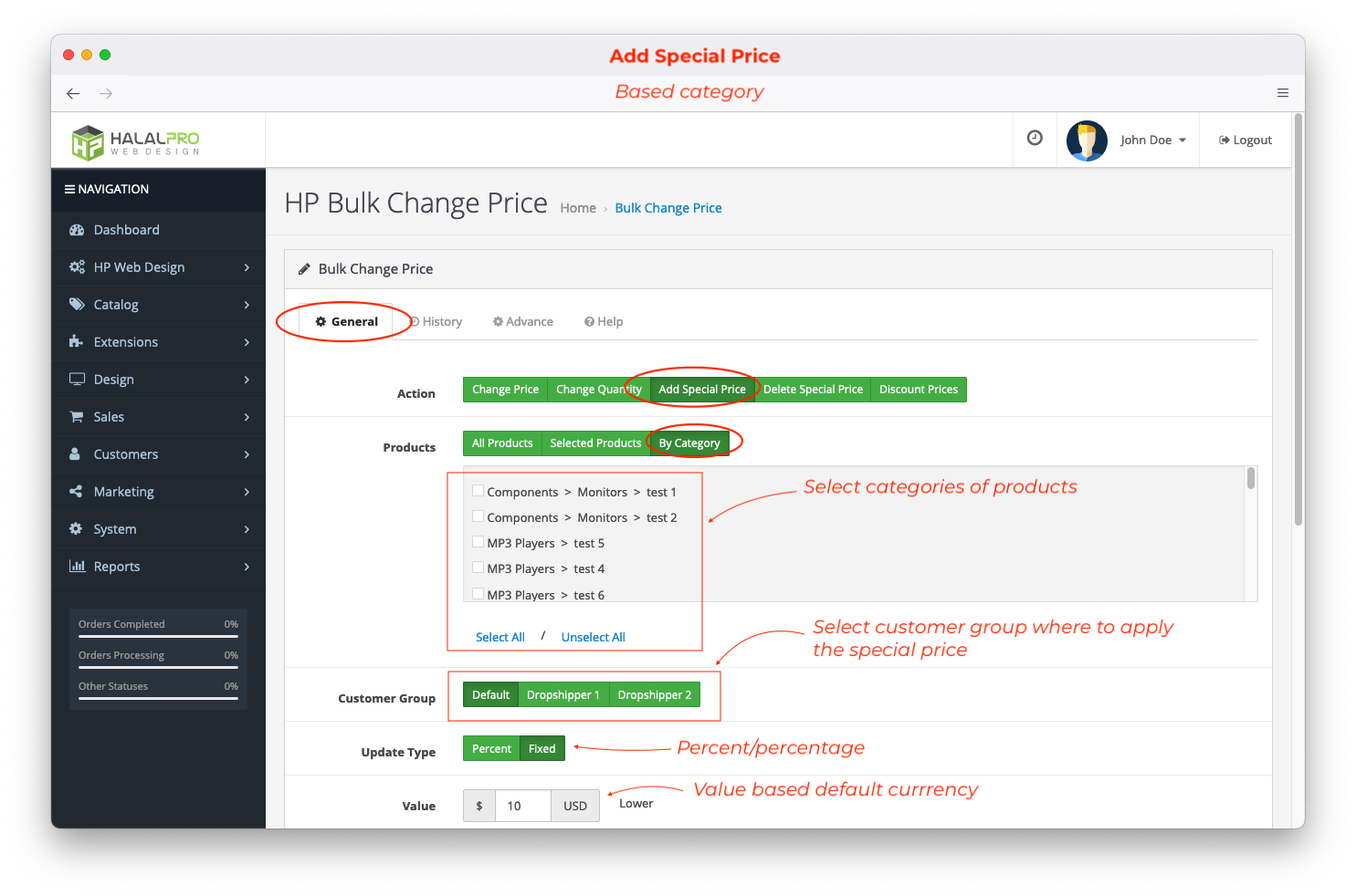 bulk add special price to categories opencart